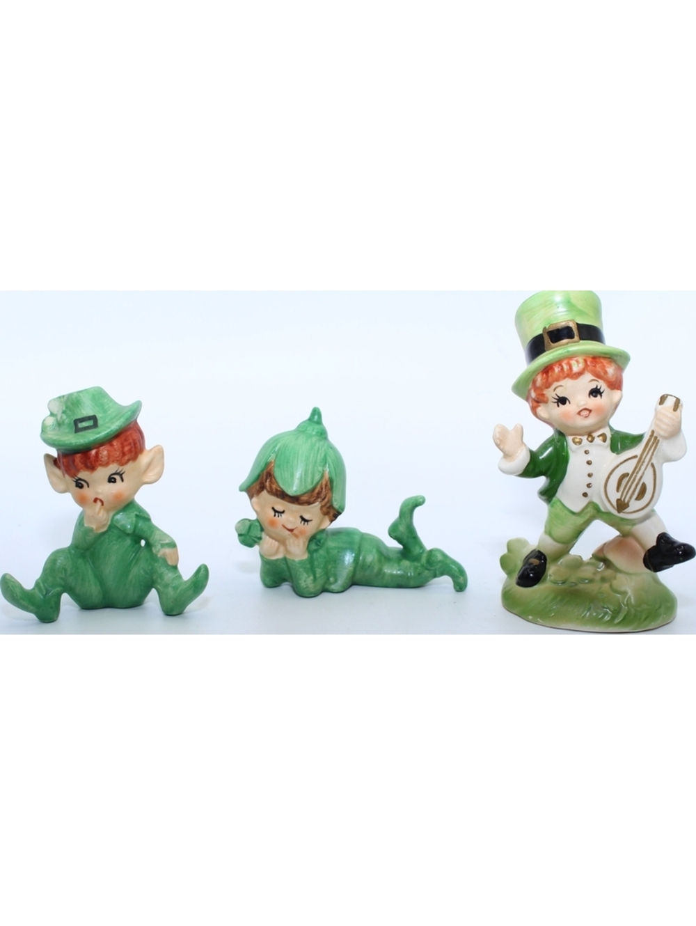 Vintage Lefton 963 St. Patrick's Day Green Leprechaun Ceramic Figurine Lot of 3